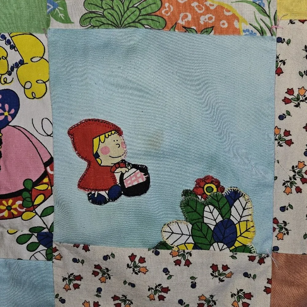 Vtg Handmade Blanket Boho Quilt Colorful Coverlet 62x83 70s 80s Fairy Tales